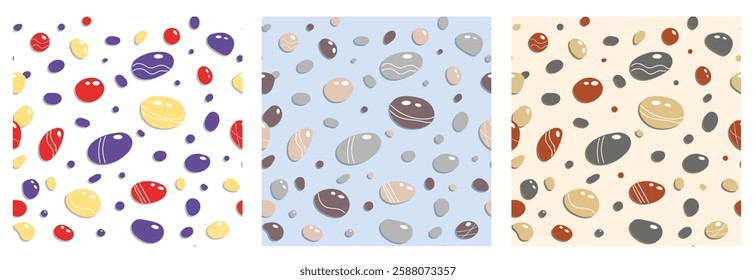 Vector set of seamless pattern backgrounds with abstract pebbles, rocks, stones. Perfect for seasonal summer greetings, wallpaper, wrapping paper, printing on textiles.