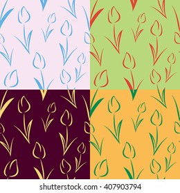 Vector set of seamless pattern backgrounds with tulips. 