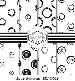 Vector set seamless pattern with black spiral and swirl motion elements. Texture for fashion.