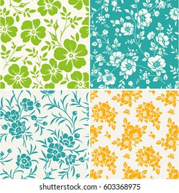 Vector set of seamless pattern with blooming peonies. Vintage floral background with peony silhouette