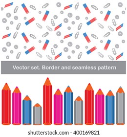 Vector set. Seamless pattern and a border with the image of stationery