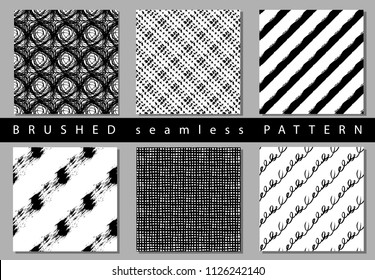 Vector Set seamless pattern with brush stripes and strokes sign. Black color on white background. Hand painted grange texture. Ink geometric elements. Fashion modern style. Repeat fabric print.