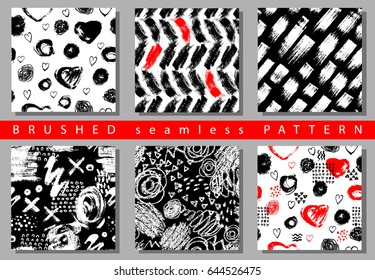 Vector Set of seamless pattern with brush stripes and strokes. Black red color on white background. Hand painted grange texture. Ink geometric elements.Fashion modern style. Endless fabric retro print