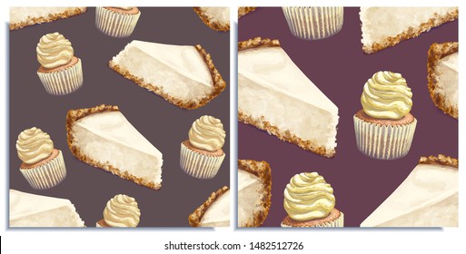 Vector set of seamless pattern, cheesecake,crumbly gentle wet biscuit cupcake with a stunning cream soft air cheese cream, beige color, taste like creme brulee. Light-blue paper got wet from juiciness