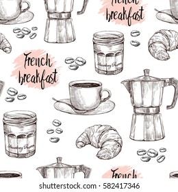 Vector set seamless pattern coffee maker, cup, jam jar, croissant and coffee beans on white background.