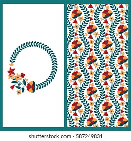 vector set with seamless vector pattern with colorful flowers and a card with circle floral frame