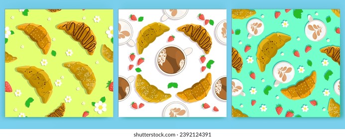 Vector set seamless pattern cup Coffee, Croissant and strawberry white flowers on white, yellow and green background. Illustration for print, textile or wallpaper.
