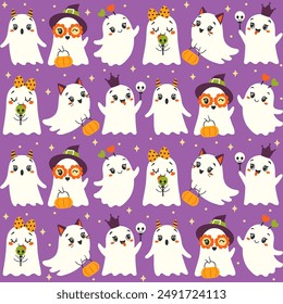 Vector set and seamless pattern of cute girl ghosts in costumes on purple background in cartoon flat style for Halloween designs, wrapping paper, packaging, fabric.