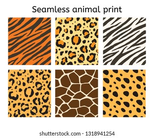 Vector set of seamless pattern of different animal skin fur print isolated