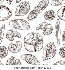 Vector set seamless pattern with different kind of bread on white background.