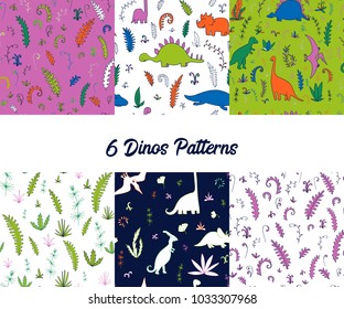 vector set of seamless pattern with fern leaves, bushes and dinosaurs, hand drawn vector backgrounds