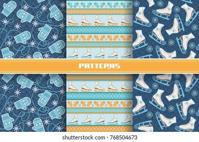 Vector set of seamless pattern with figure ice skates and mittens. Blue winter background. Collection of retro decorative illustration for print, web