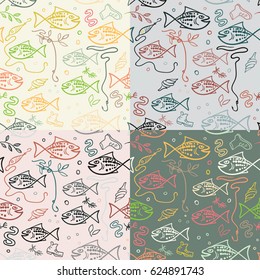 Vector set seamless pattern with hand drawn funny fishes in sketch style. Decorative endless underwater marine background. Fabric design. Eps-8