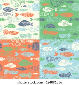Vector set seamless pattern with hand drawn funny fishes in sketch style. Decorative endless underwater marine background. Fabric design. Eps-8