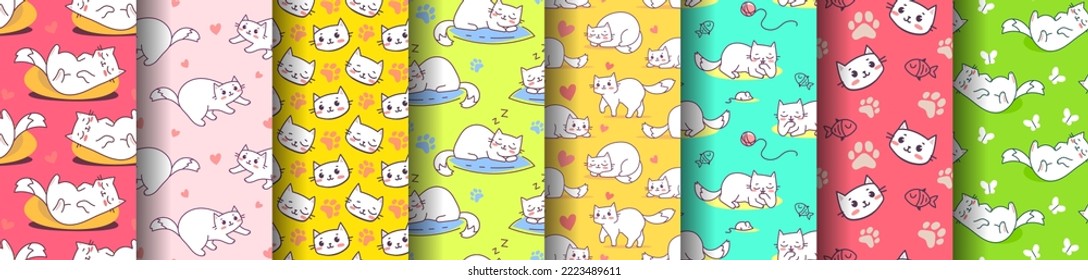 Vector set of seamless pattern with happy cute different cat character in pose on bright color background. Flat line art style design of seamless pattern with animal cat for web, greeting card, banner
