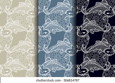 Vector set of seamless pattern with japanese carps koi - symbol of luck, love and independence