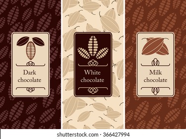 Vector set of seamless pattern and labels for chocolate and cocoa packaging.