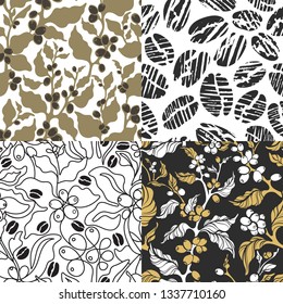Vector set of seamless pattern. Natural realistic coffee tree, branch, leaf, bean, grain, berry Art line botanical sketch, nature simple background Aroma drink Bio summer design Organic tropical print