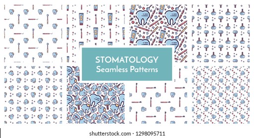 Vector set of seamless pattern on dental theme. Teeth and equipment for dentists. Used for backgrounds, cards, wallpapers
