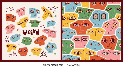 Vector Set Of Seamless Pattern And Poster With Abstract Geometric Various Strange Evil, Funny, Comic And Bizarre Faces. Woman, Man, Skull, Alien Face. Group Of People. Colorful Modern Art.