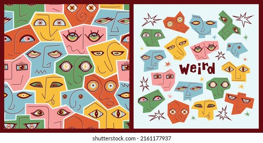 Vector Set of Seamless Pattern and Poster with Abstract Geometric Various Strange Evil, Funny, Comic and Bizarre Faces. Woman, Man, Skull, Alien Face. Group of People. Colorful Modern Art. Pop Art.