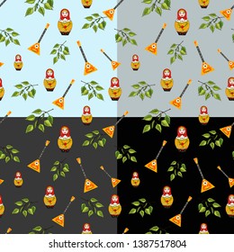 Vector set of seamless pattern of a Russian doll, a birch tree branch, a balalaika. Used colours are light blue, yellow, red, green, black, white, grey.