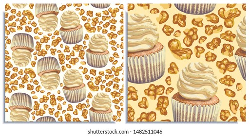 Vector set of seamless pattern, scattered walnut ,crumbly gentle wet biscuit cupcake with a stunning cream soft air cheese cream, beige color, taste like creme brulee. Light-blue paper got wet, juicy