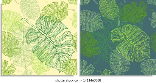 A vector set of a seamless pattern with sprigs of jungles leaves. Hand-drawn on sheet at the graphic style. Only lines, compound path, good for make new brush. Different colors, monstera, green shades