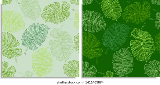 A vector set of a seamless pattern with sprigs of jungles leaves. Hand-drawn on sheet at the graphic style. Only lines, compound path, good for make new brush. Different colors, monstera, green shades
