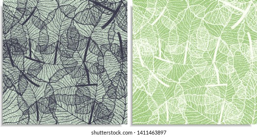A vector set of a seamless pattern with sprigs of jungles leaves. Hand-drawn on sheet at the graphic style. Lines, compound path. Green color shades, alocasia, colocasia jungle. Looks like web or lace