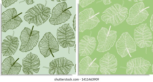 A vector set of a seamless pattern with sprigs of jungles leaves. Hand-drawn on sheet at the graphic style. Lines, compound path. Green color shades, monstera, alocasia, colocasia jungle leaves mix