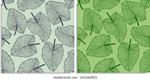 Vector set of a seamless pattern with sprigs of jungles leaves. Hand-drawn on sheet at the graphic style. Lines, compound path. Green color shades. Elephant Ears, Alocasia, Colocasia, Xanthosoma leaf
