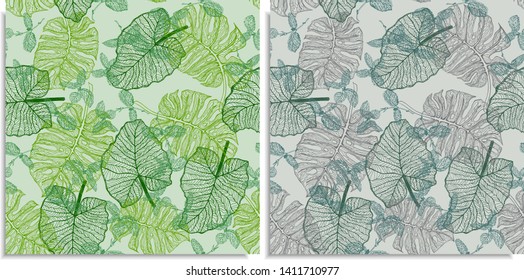A vector set of a seamless pattern with sprigs of jungles, summer leaves. Hand-drawn on sheet at the graphic style. Lines, compound path. Green color shades, monstera, alocasia, colocasia, peppermint
