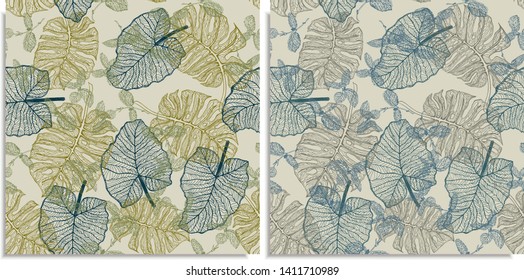A vector set of a seamless pattern with sprigs of jungles, summer leaves. Hand-drawn on sheet at the graphic style. Lines, compound path. Green color shades, monstera, alocasia, colocasia, peppermint
