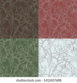 vector set of seamless pattern with stylized tree