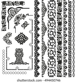 Vector Set of Seamless Pattern tapes, corner elements and parts. Black luxury floral templates in Arabic style for the covers design, invitations, fabrics, tiles.