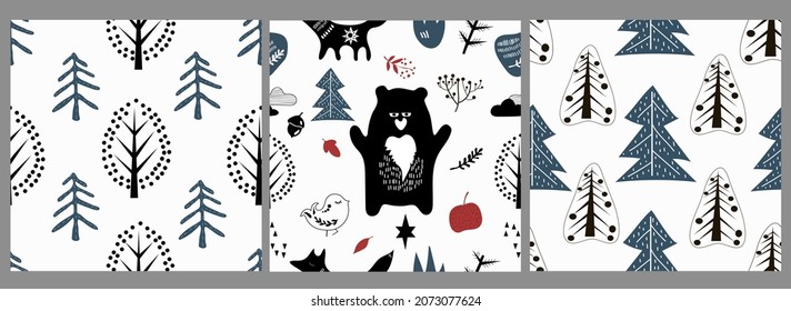 Vector set. Seamless pattern.  Various animals and natural elements in the Scandinavian style. 
