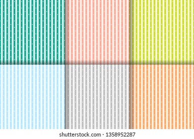 Vector set of seamless pattern of vertical colorful stripes and white dots. Summer palette of medium turquoise, lime green, coral red, light blue, silver grey, light orange.