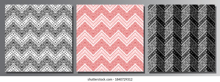 Vector set of Seamless Patterns, 3 square repeating backgrounds of dark variety colors, black and white ornate zig zag seamless pattern, pale pink ornament with sophisticated fancy lines and dots.