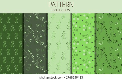 Vector set of seamless patterns and abstract backgrounds with green leaves and flowers - for organic and healthy food packaging, natural cosmetics and vegan products. Simple floral ornament in