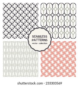 Vector set of seamless patterns. Abstract geometric backgrounds. Interweaving grid, fine geometric lattice. Strict geometric patterns can be used for business cards, textiles, wallpaper, packaging