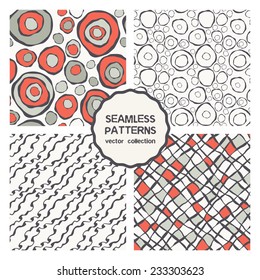Vector set of seamless patterns. Abstract doodle backgrounds. Monochrome diagonal ripple stripes, colorful chaotic rings and squares, small randomly curved rings.