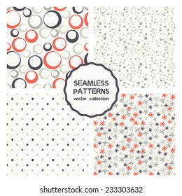 Vector set of seamless patterns. Abstract geometric backgrounds. Colorful rings, fine chaotic flowers, small randomly circles . Cute patterns can be used for business cards, textiles, wallpaper etc.
