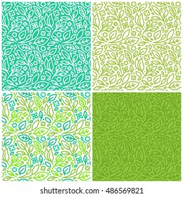 Vector set of seamless patterns and abstract backgrounds with green leaves and flowers - for organic and healthy food packaging, natural cosmetics and vegan products