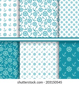 Vector set of seamless patterns with anchors and ship wheels