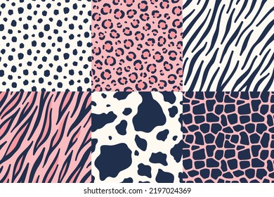 Conjunto de vectores de patrones sin costura con pieles animales. Chita, leopardo, cebra, tigre, vaca, jirafa. Paleta de colores fría