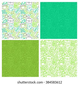 Vector Set Of Seamless Patterns And Background With Icons In Trendy Linear Style Related To Business And Banking - Financial And Analytical Business Concepts