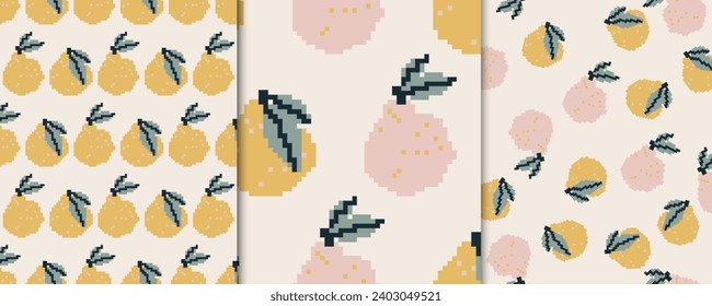 Vector set with seamless patterns, backgrounds, designs, pear prints. Pixel art