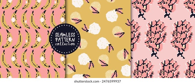 Vector set with seamless patterns, backgrounds, designs, banana, pear, flower prints. Pixel art