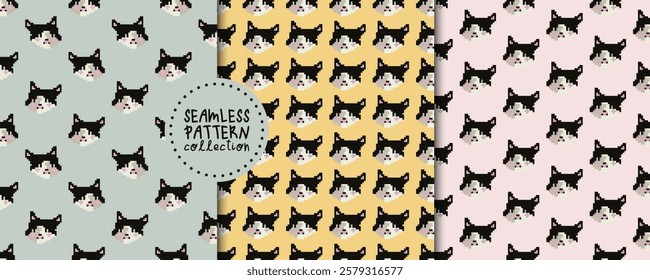 Vector set with seamless patterns, backgrounds, designs, cute cat muzzle prints. Pixel art